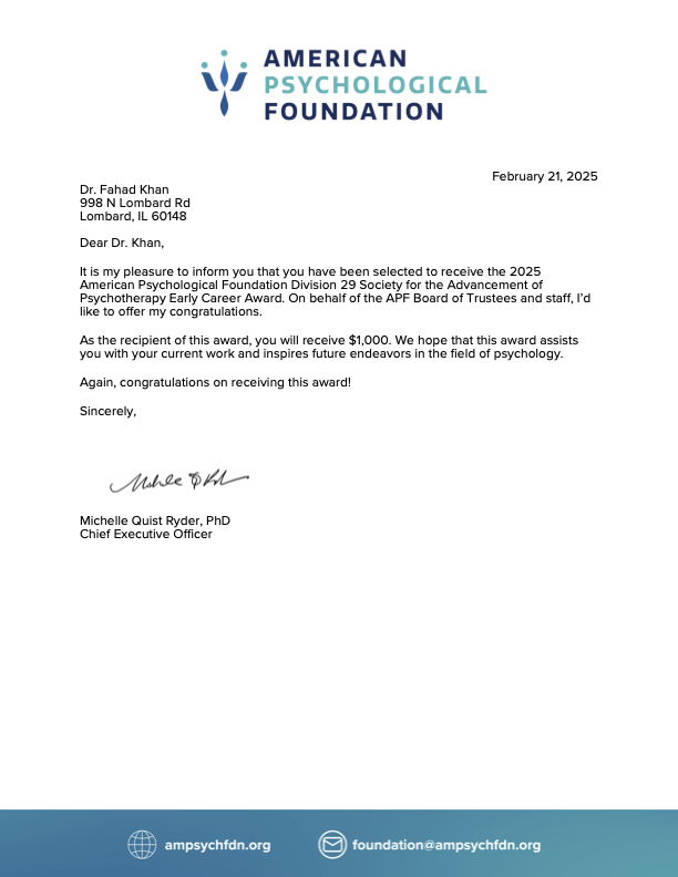 2025 American Psychological Foundation Division 29 Society for the Advancement of Psychotherapy Early Career Award